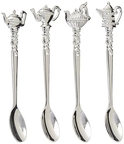 Silver 87625 Silver Plated Teapot Tea Spoon with Crystal (Pack of 4)