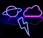 VIOPVERY 3 Pcs Neon Cloud Lightning Planet Signs for Bedroom Wall Decor, LED Lights for Kids Room, Gift, Party, Birthday, Christmas, Wedding, Bar