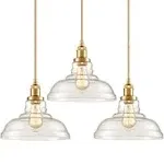 CLAXY Industrial Brass/Gold Pendant Lights Glass Dome Kitchen Hanging Light Fixture-3 Pack