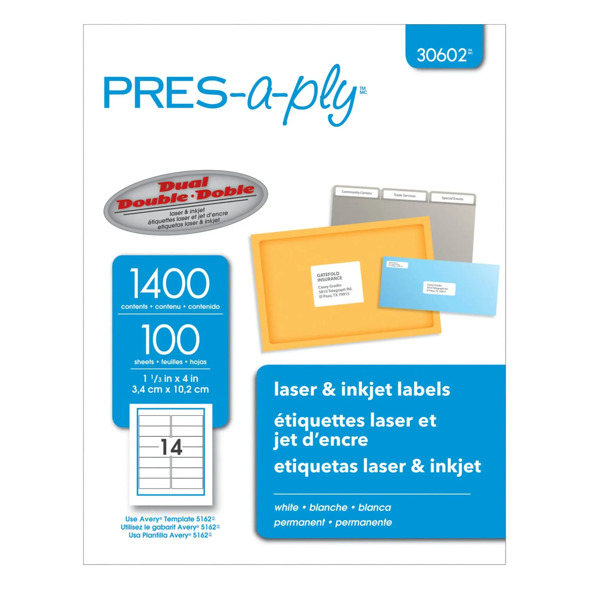 Pres-a-ply Laser Address Labels, 1 1/3 x 4, White, 1400/Box