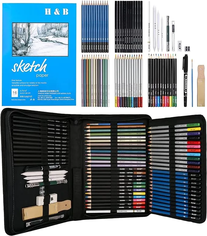 H & B 72PCS Drawing Supplies Sketching Set,Art Kit include Drawing & Colored Pencils for Adults Artists Kids.Pro Art Sketch Supplies with Sketchpad,Watercolor & Metallic Pencils