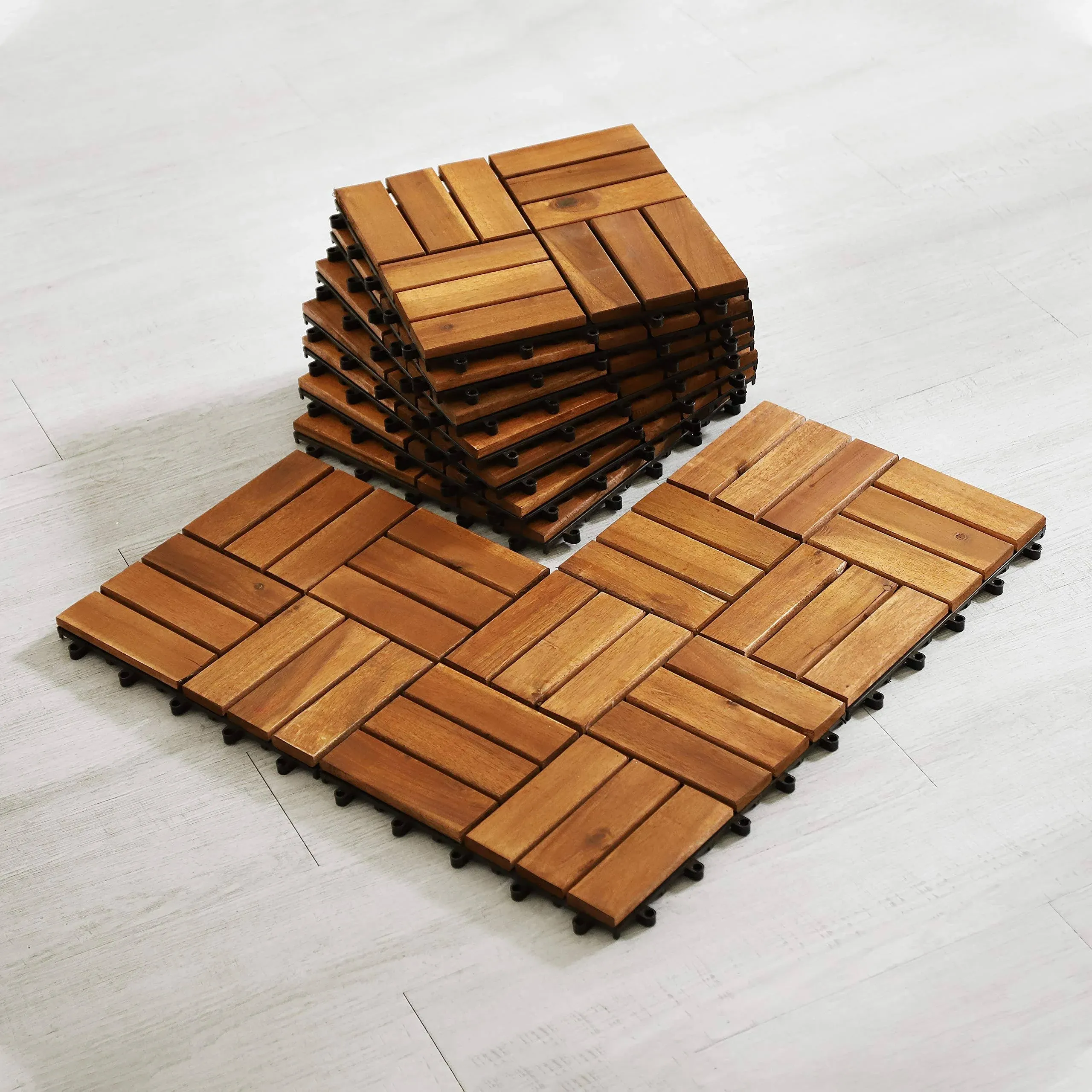 RAKYTO Solid Wood Interlocking Flooring Tiles (Pack of 10, 12" x 12"). Solid Wood ...