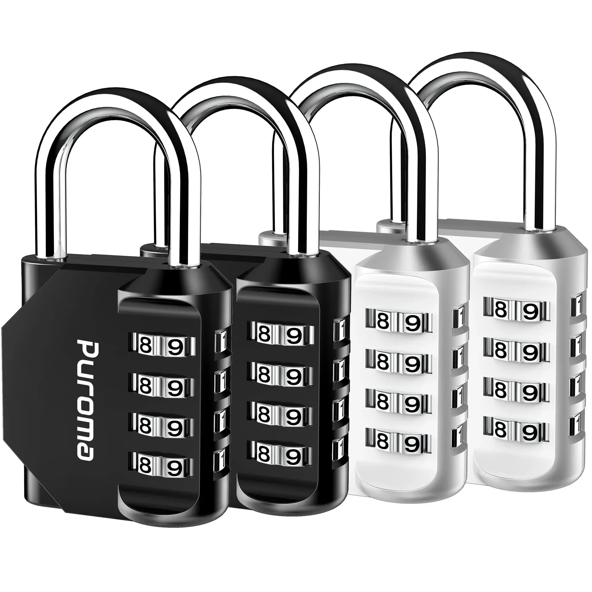 Puroma 4 Pack Combination Lock 4 Digit Locker Lock Outdoor Waterproof Padlock for School Gym Locker, Sports Locker, Fence, Toolbox, Gate, Case, Hasp Storage (Silver & Black)