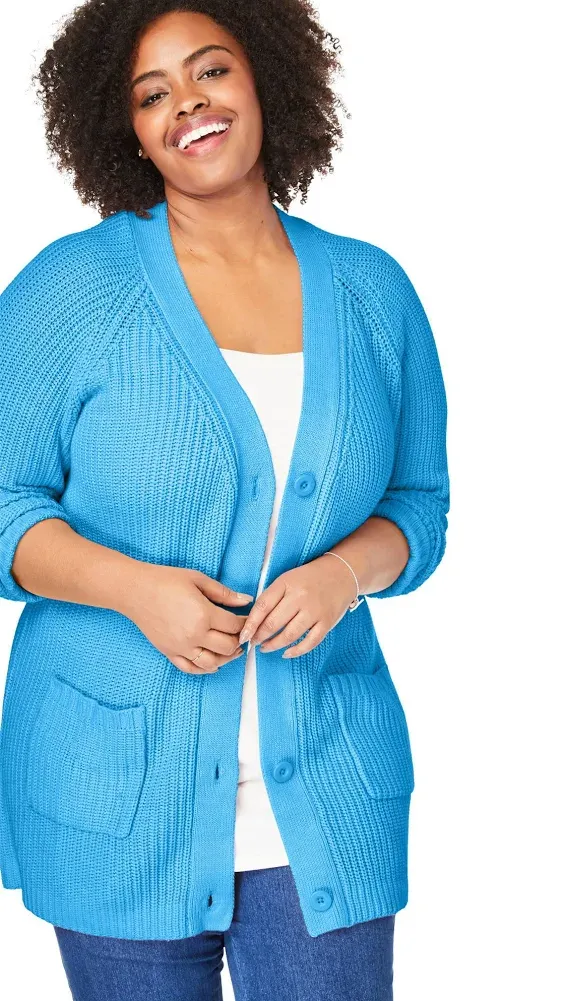 Woman Within Women's Plus Size Button-Front Shaker Cardigan