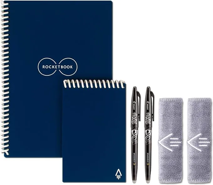 Rocketbook Smart Reusable Notebook Set - Dot-Grid Eco-Friendly Notebook with 2 Pilot Frixion Pens & 2 Microfiber Cloths Included - Midnight Blue Covers, Executive (6" x 8.8”) & Mini Size (3.5" x 5.5")