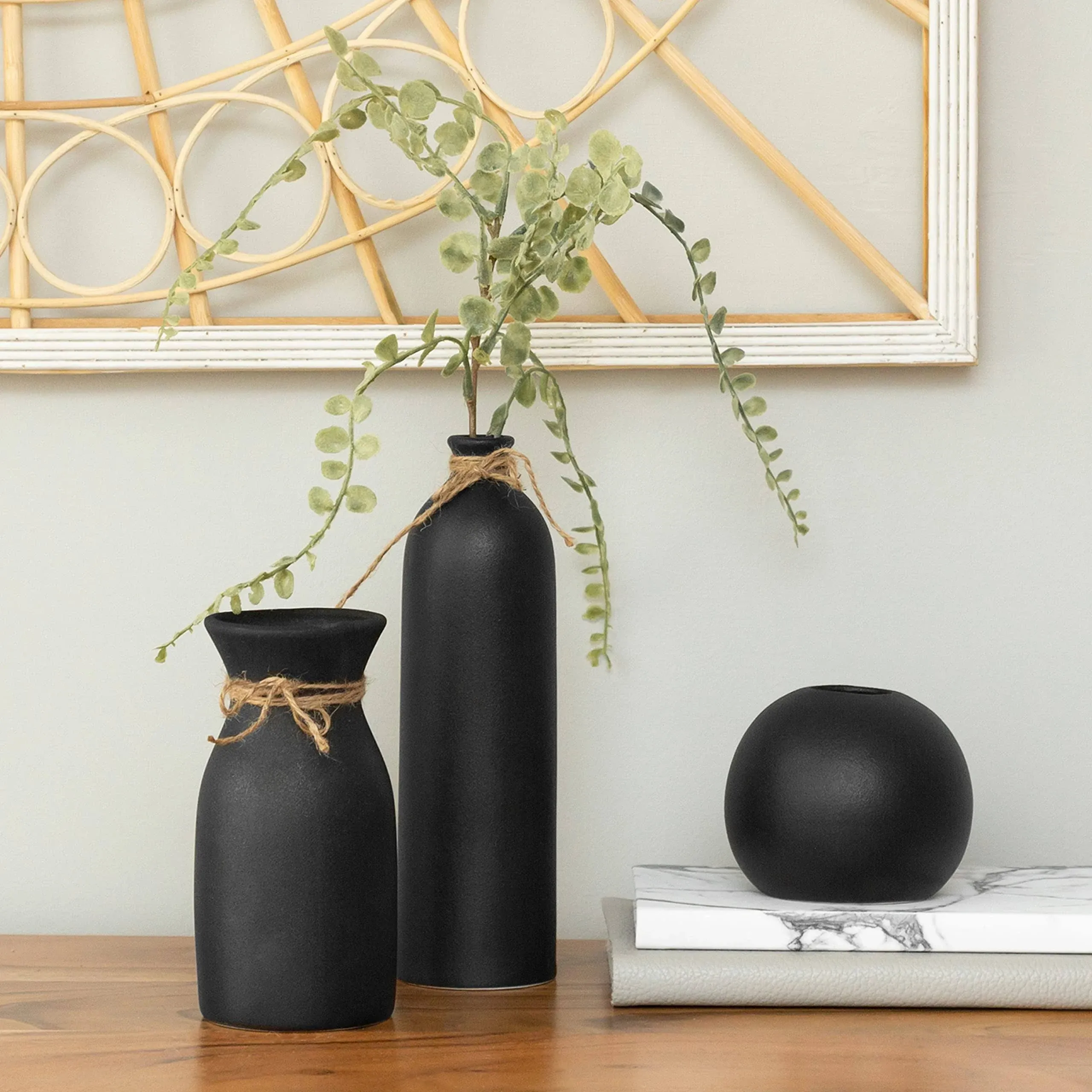 Crutello Ceramic Vase Set - 3 Black Textured Vases - Rustic Vase Set, Perfect...