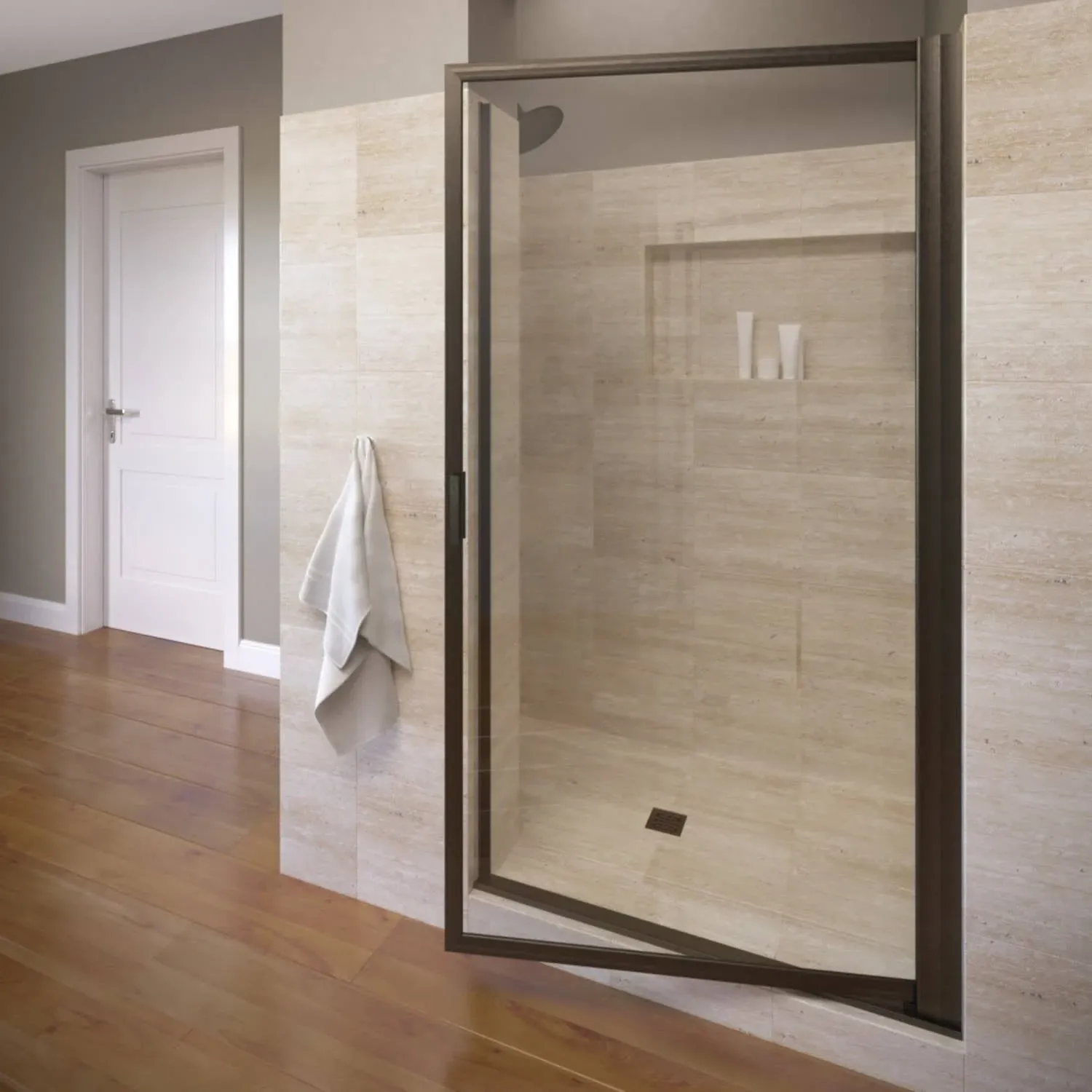 Basco Sopora 29 in. x 63-1/2 in. Framed Pivot Shower Door in Brushed Nickel with Clear Glass SOPN00A2963CLBN