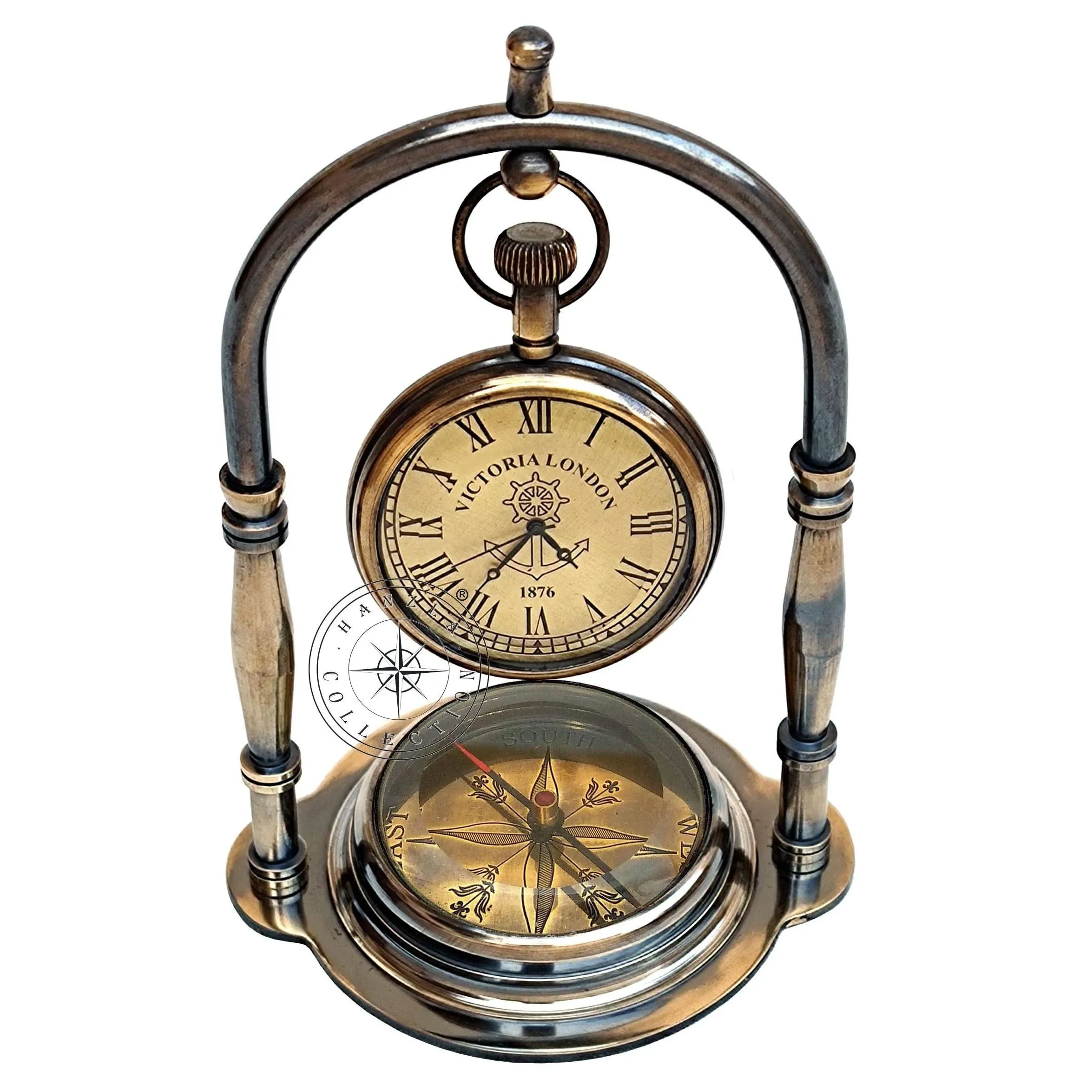 Hanzla Collection Maritime Compass Base Nautical Table Clock Multicolor 