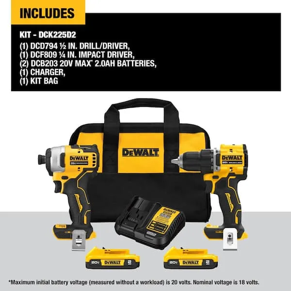 Dewalt DCK225D2 ATOMIC 20V MAX* Brushless Compact Drill/Driver and Impact Driver Combo Kit