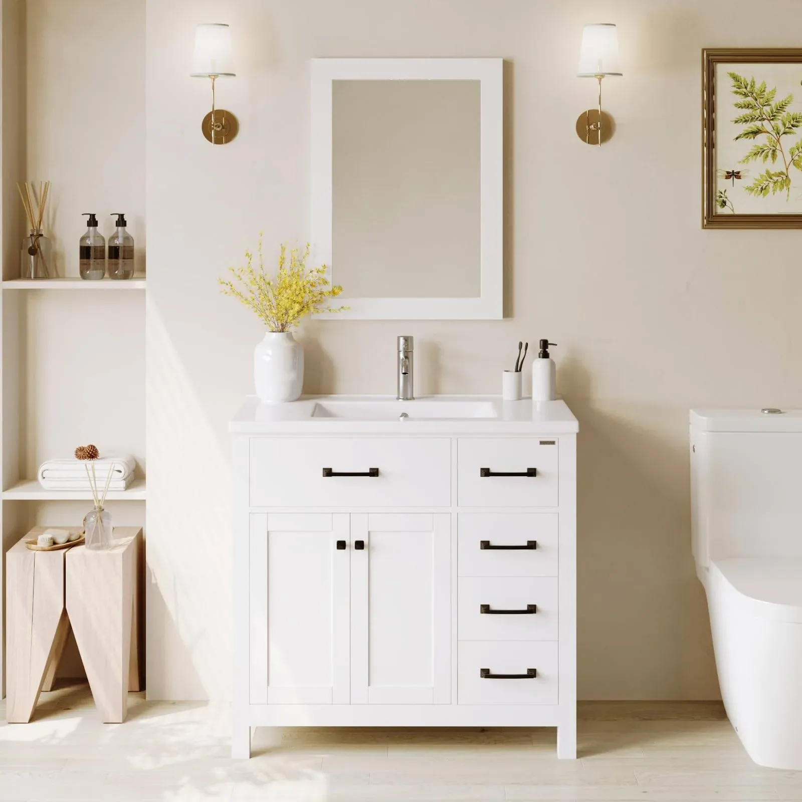 Walsport 36 inch White Bathroom Vanity with Sink Modern Wood Cabinet Basin Vessel ...