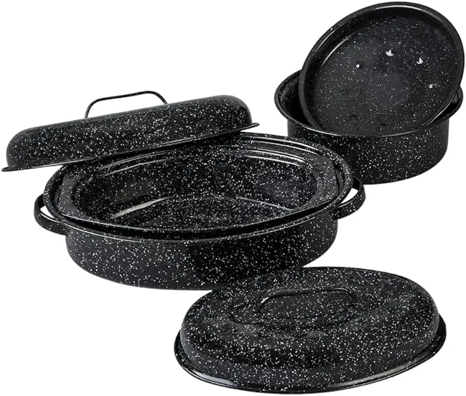 Granite Ware Roasting Set Covered 13 in and 15 in Oval roaster and 3 lb round roaster. Enameled Steel design to accomodate up to 7 lb and 10 lb poultry/roast. Resists up to 932°F.