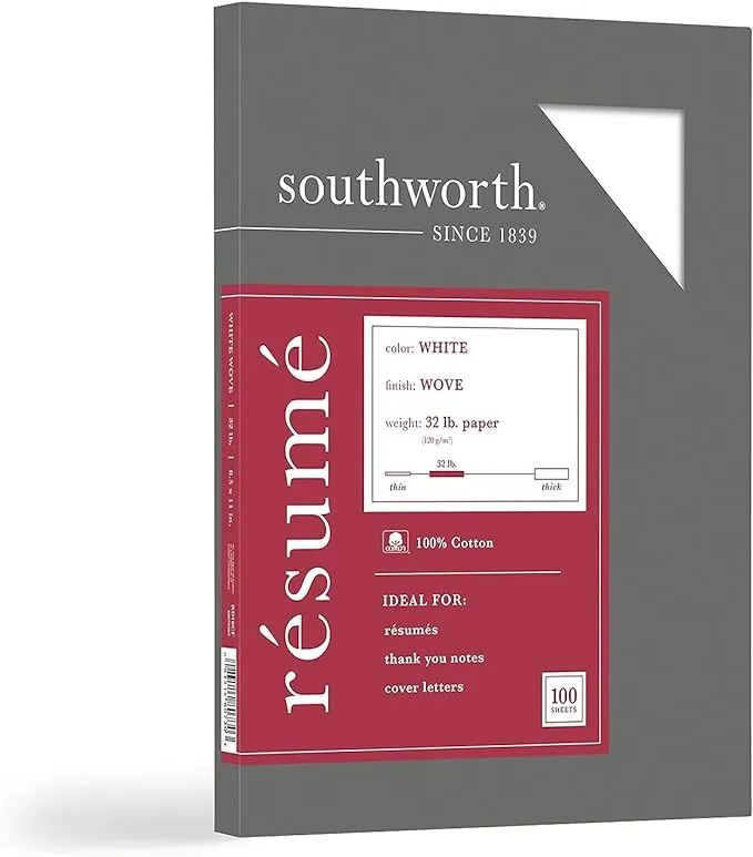 Southworth Exceptional Resume Paper, 100% Cotton, 32 lb, white, 100 Count (RD18CF)