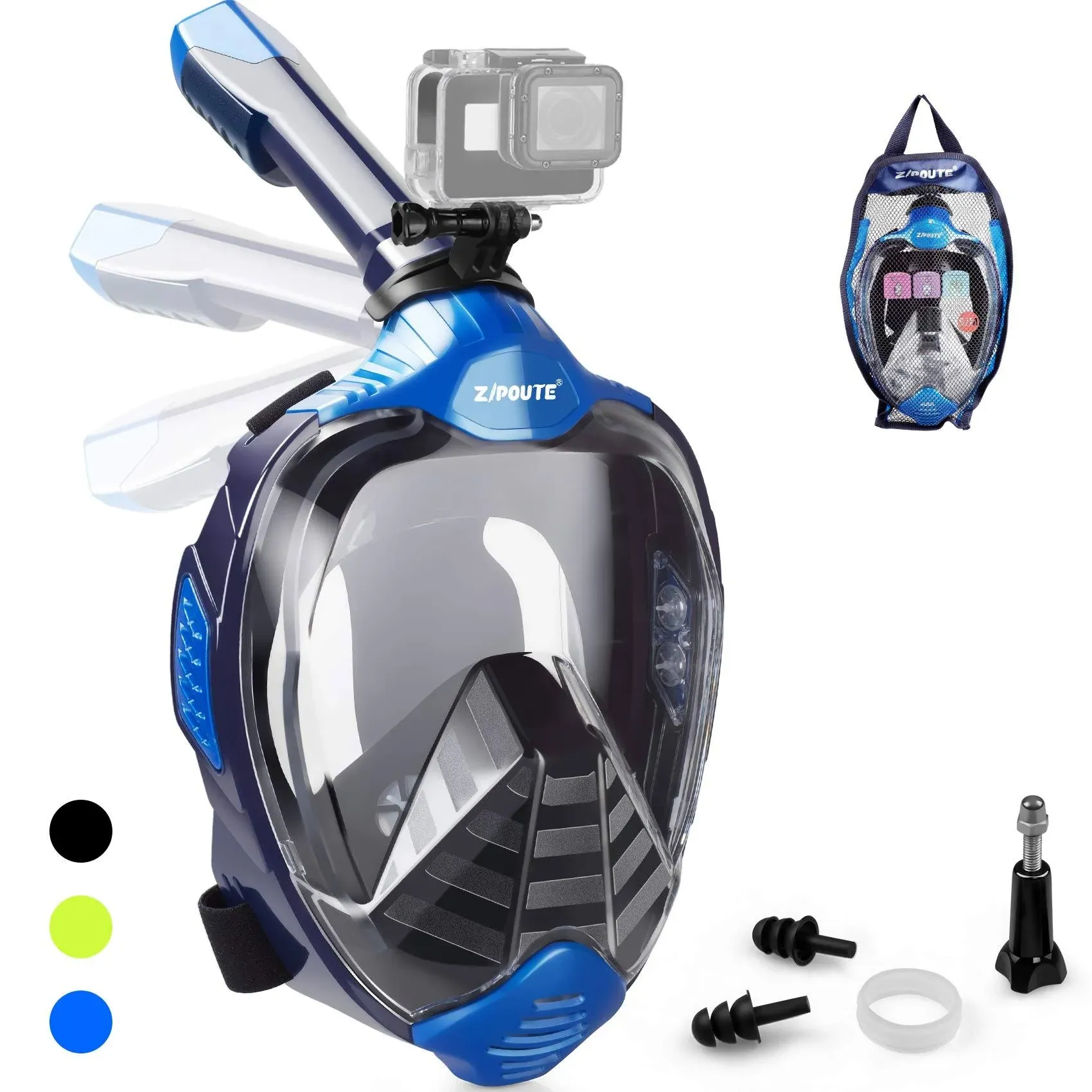 ZIPOUTE Snorkel Mask Full Face, Full Face Snorkel Mask Adult and Kids with Detachable Camera Mount, Snorkeling Mask 180 Panoramic View Anti-Fog Anti-Leak Dry Top Set with Adjustable Straps