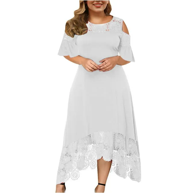 UPPADA Wedding Guest Dresses For Women Plus Size Formal Maxi Dress Lace Stitching Long Dress Sexy Cold Shoulder Party Dress