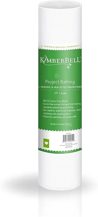 Kimberbell Project Batting 19”x3 Yd Roll Cotton Poly Blend, Machine Washable, Cut into Variable Sizes, Gives Form, Provide A Barrier For: Machine Embroidery, Sewing, Quilting, Piecing Projects & More!