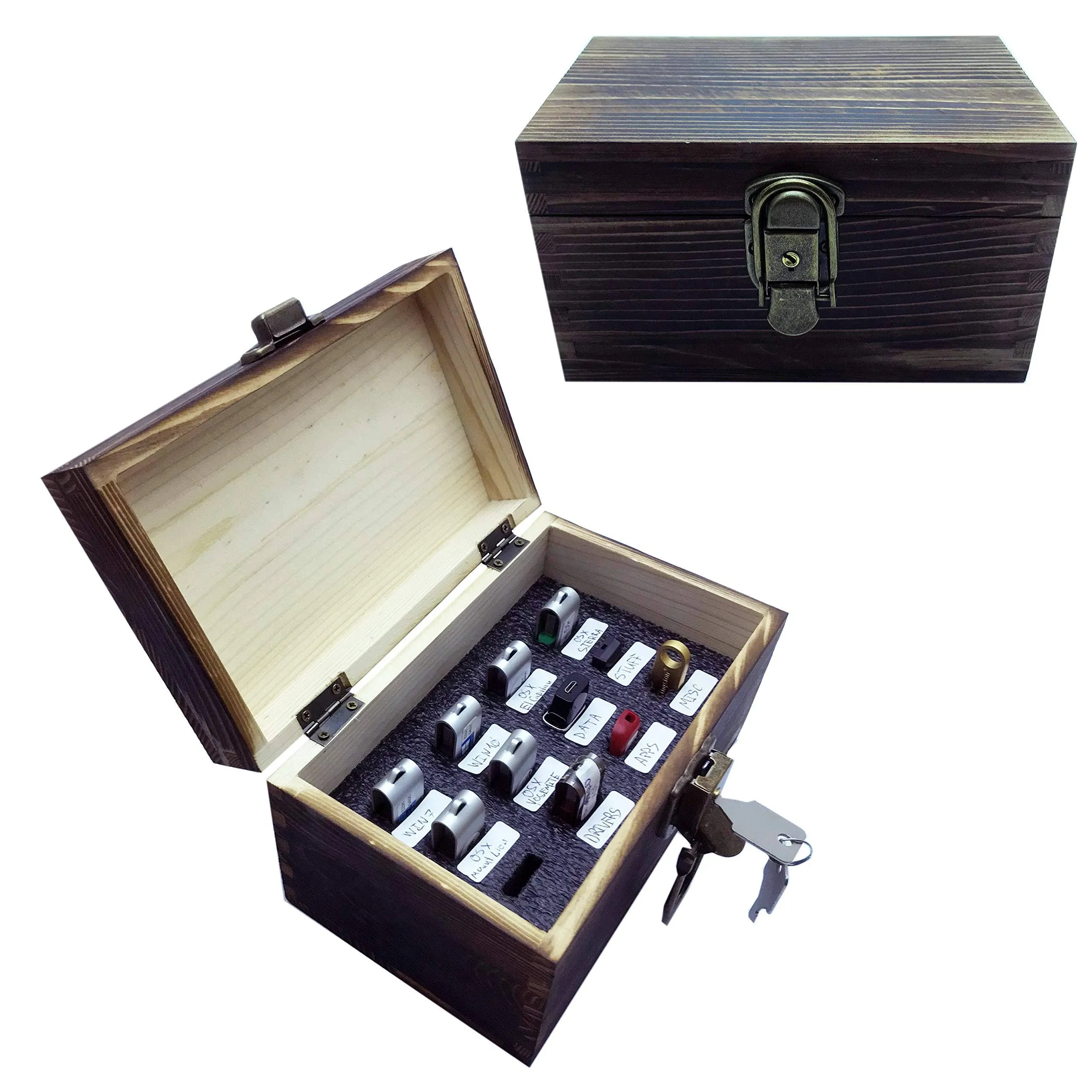 Portable USB Thumb Flash Drive Organizer Case - Wood - Key Lock - 12 slots