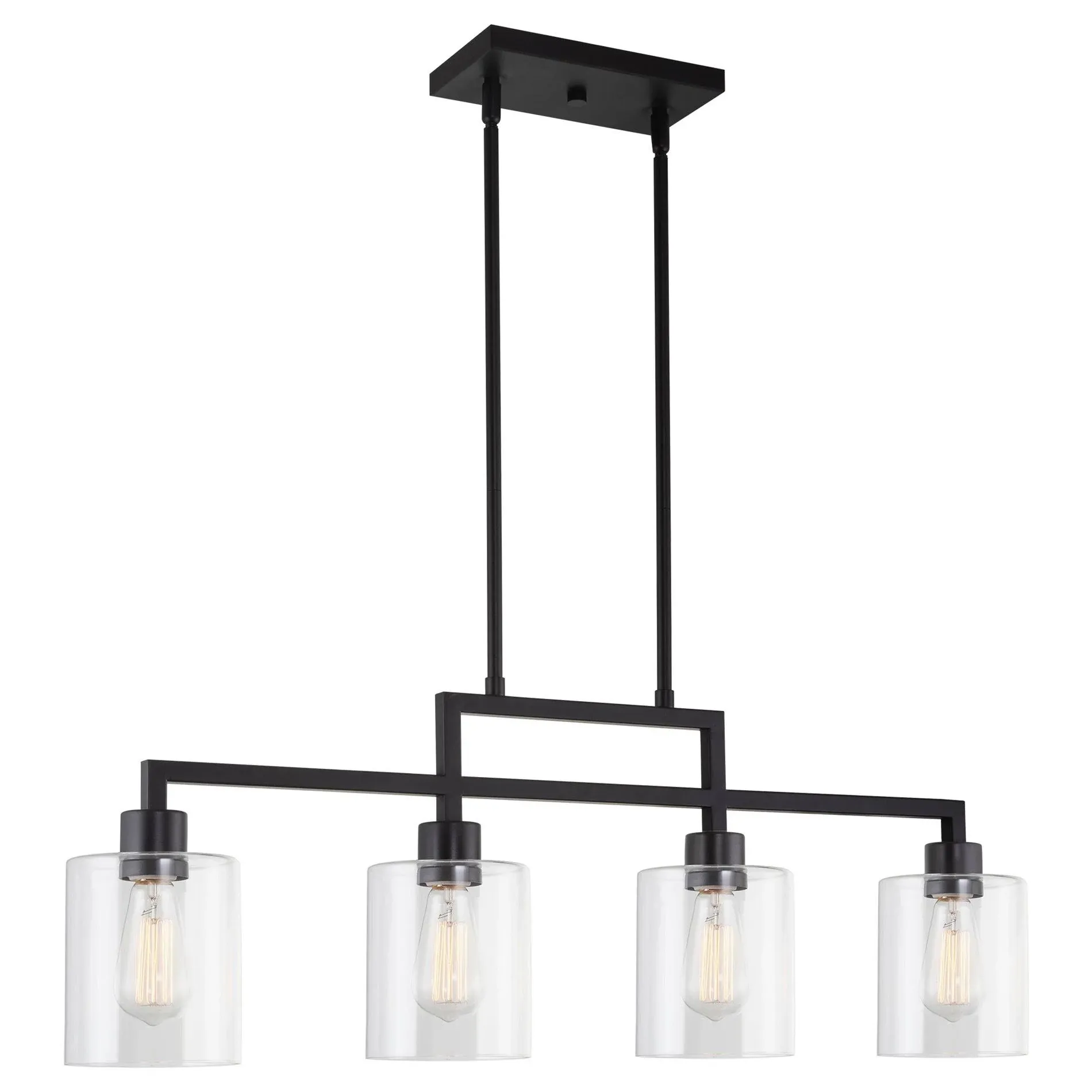 Kira Home Stratford 34" 4-Light Modern Industrial Farmhouse Island Light + Clear Glass Shades, Adjustable Hanging Height, Black Finish