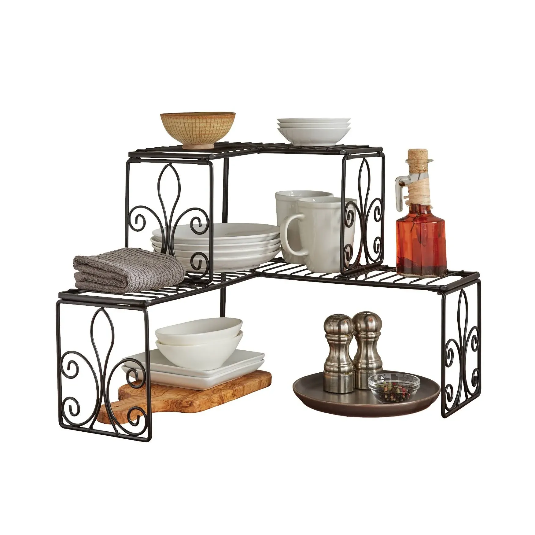 BrylaneHome Kitchen Scroll 2-Tier Corner Shelf Organizer - Black