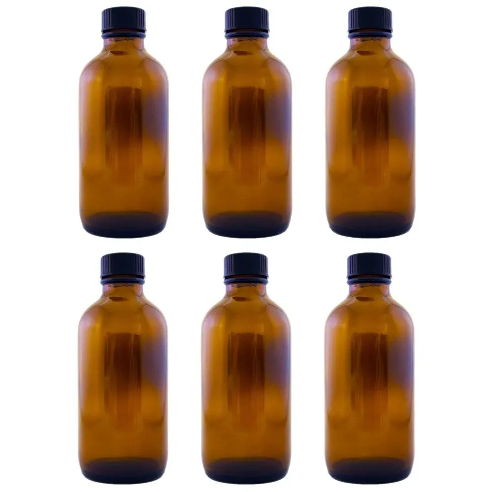 Lot Of 6 Amber Brown 4 oz Glass Bottles with Lids New