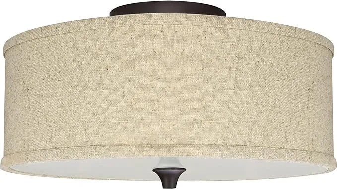 Kira Home Newport 14" Modern 2-Light Semi-Flush Mount Ceiling Light + Beige Linen Drum Shade, Oil-Rubbed Bronze Finish