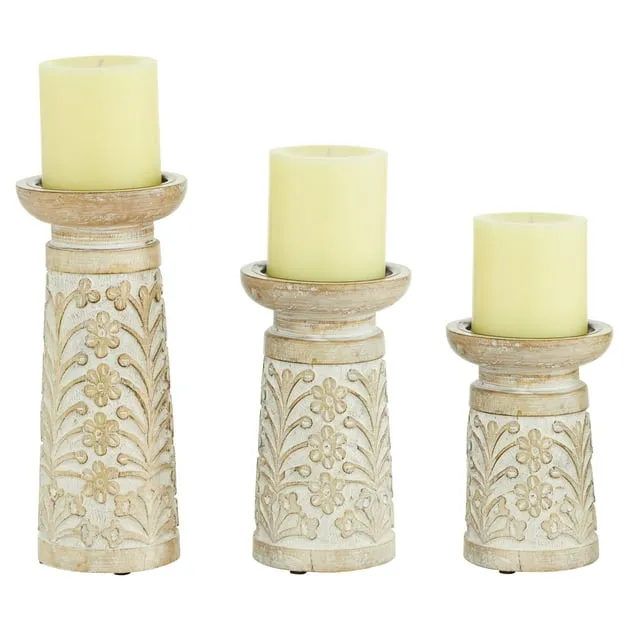 Light Brown Mango Wood Handmade Floral Carved Pillar Candle Holder (Set of 3)