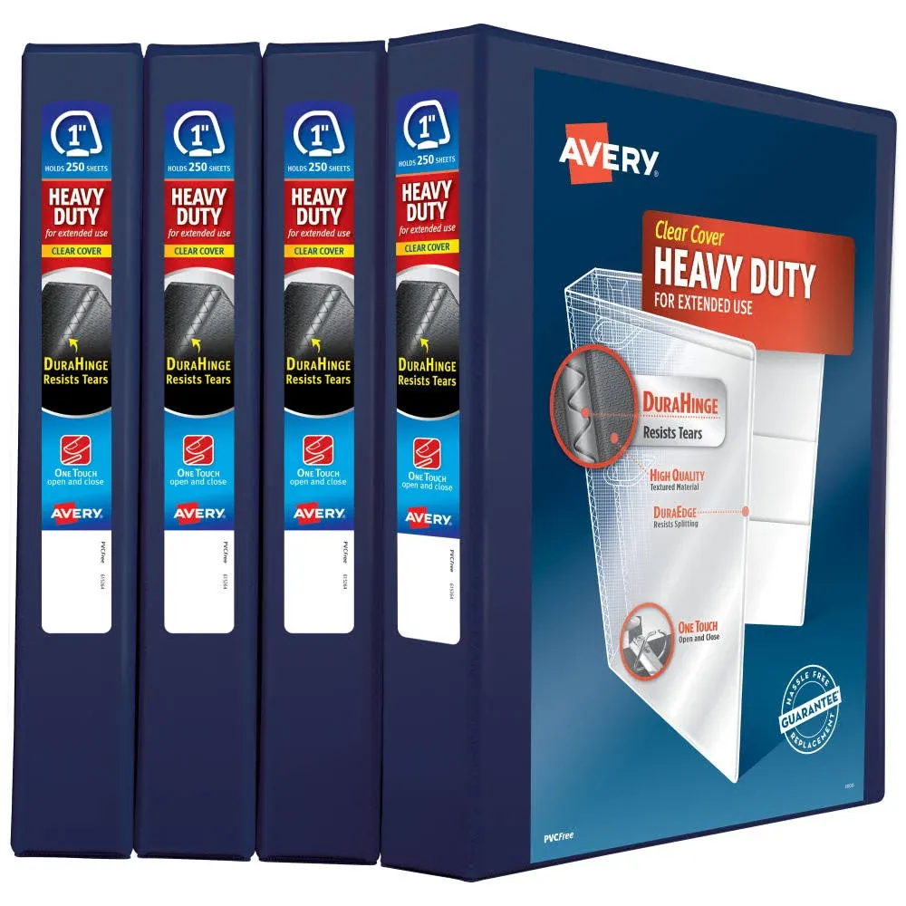 Avery Heavy Duty View 3 Ring Binder, 1" One Touch Slant Ring, Holds 8.5" x 11" Paper, 4 Navy Blue Binders (79869)