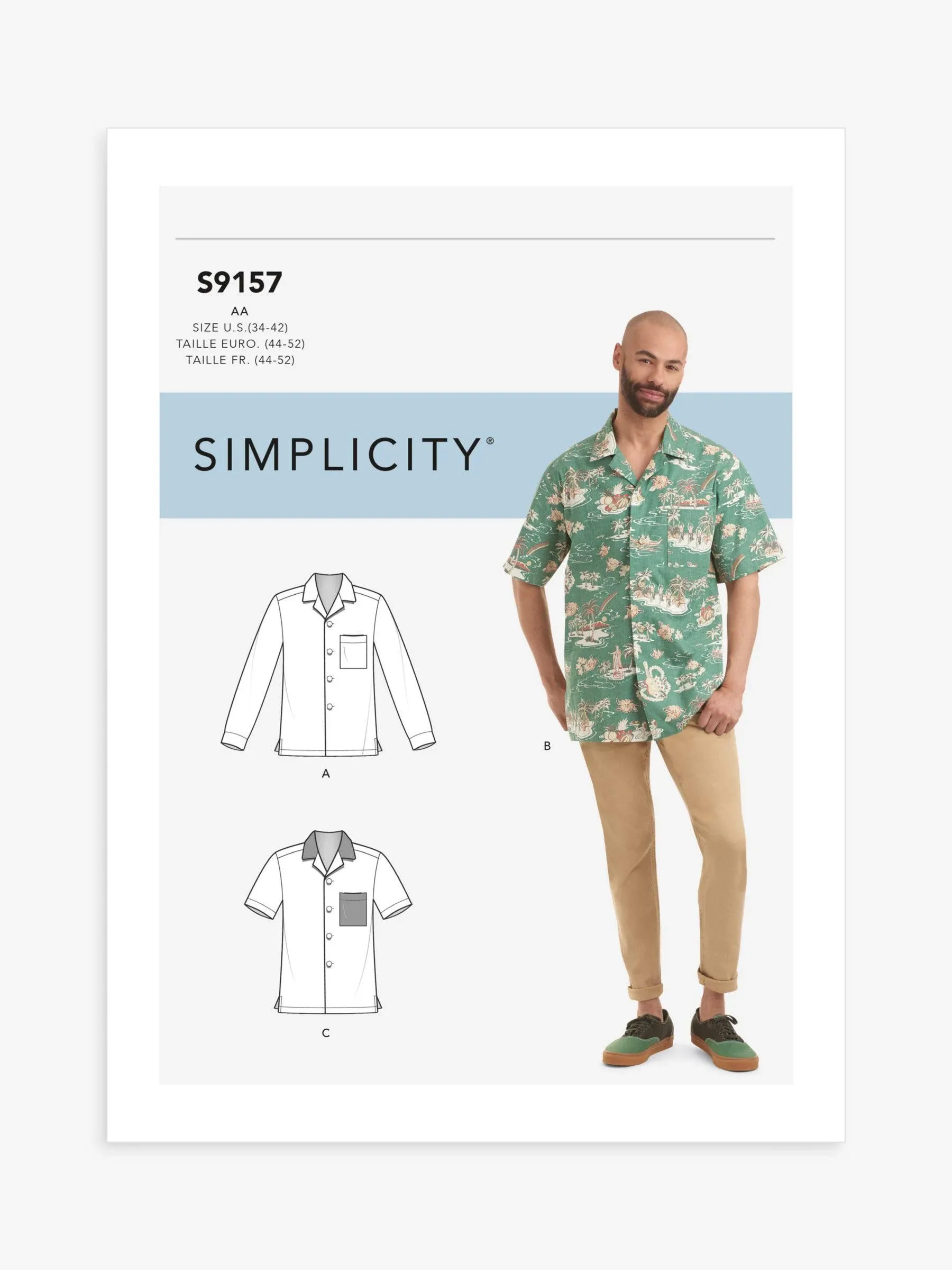 Simplicity 9157 Mens Hawaiian Style Shirt Pattern 3 Styles Size 34-42 44-52 New