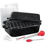 Granite Ware 25 lb Rectangular Roaster Set (10pcs), includes Lid, V-Rack, 2 pack brining bags, oven/grill-safe meat Thermometer, Turkey Baster with sylicon bulb, small brush