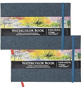 U.S. Art Supply 5.5" x 8.5" Watercolor Book, 2 Pack, 76 Sheets, 110 lb - Linen-Bound Hardcover Paper Pads, Acid-free, Cold-Pressed Painting Sketchbook