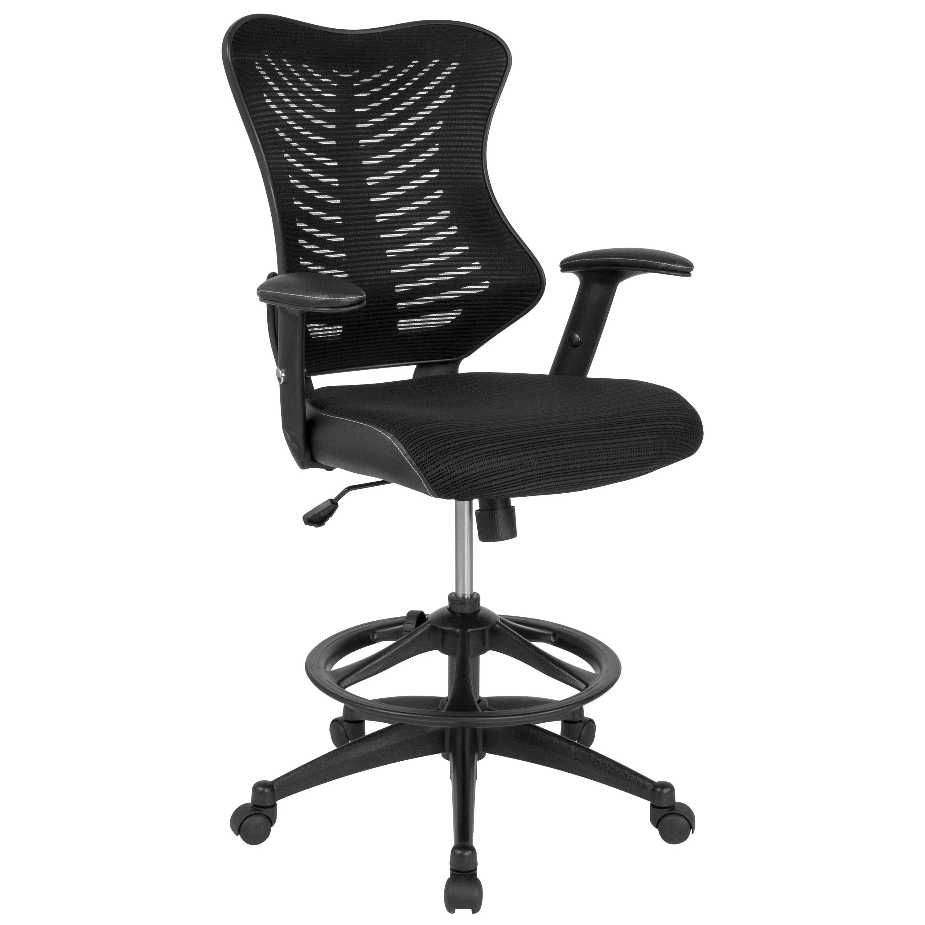 High Back Designer Black Mesh Drafting Chair with LeatherSoft Sides and Adjustable Arms