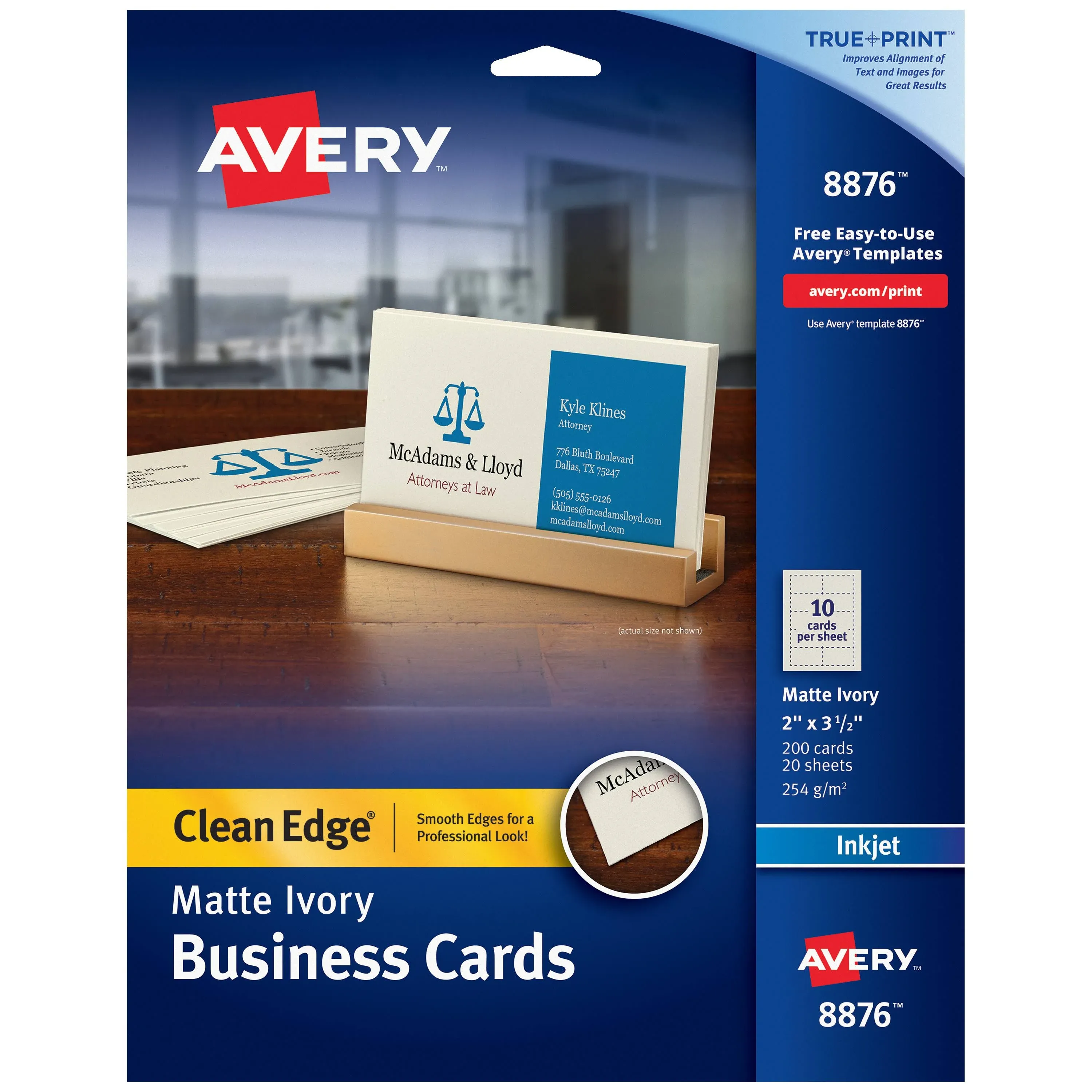 True Print Clean Edge Business Cards, Inkjet, 2 x 3 1/2, Ivory, 200/Pack