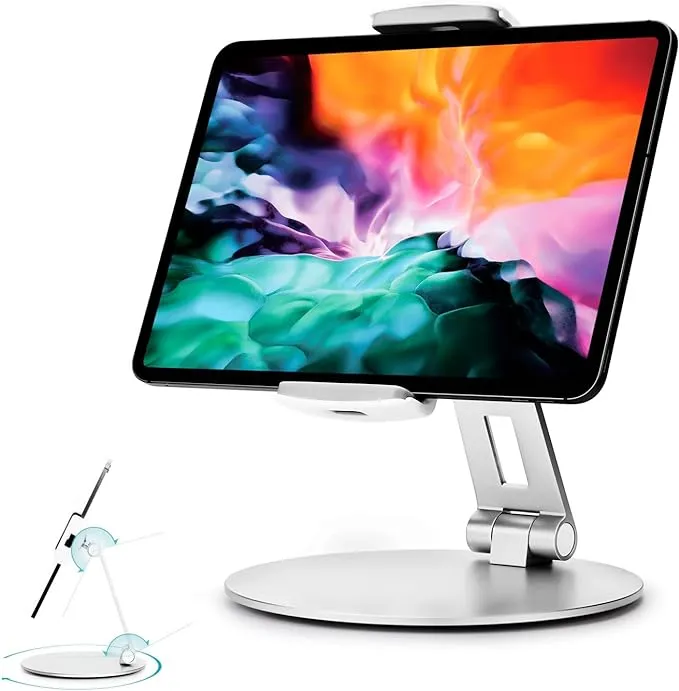 Stouchi Tablet Stand, 360°Tablet Swivel Base Holder Galaxy Tab S8, Adjustable Desk Mount for iPad Mini 2021,Galaxy S22, POS Kiosk, Surface Pro 4, iPad Pro/Air fits 4-14” Tablet & Phone Silver