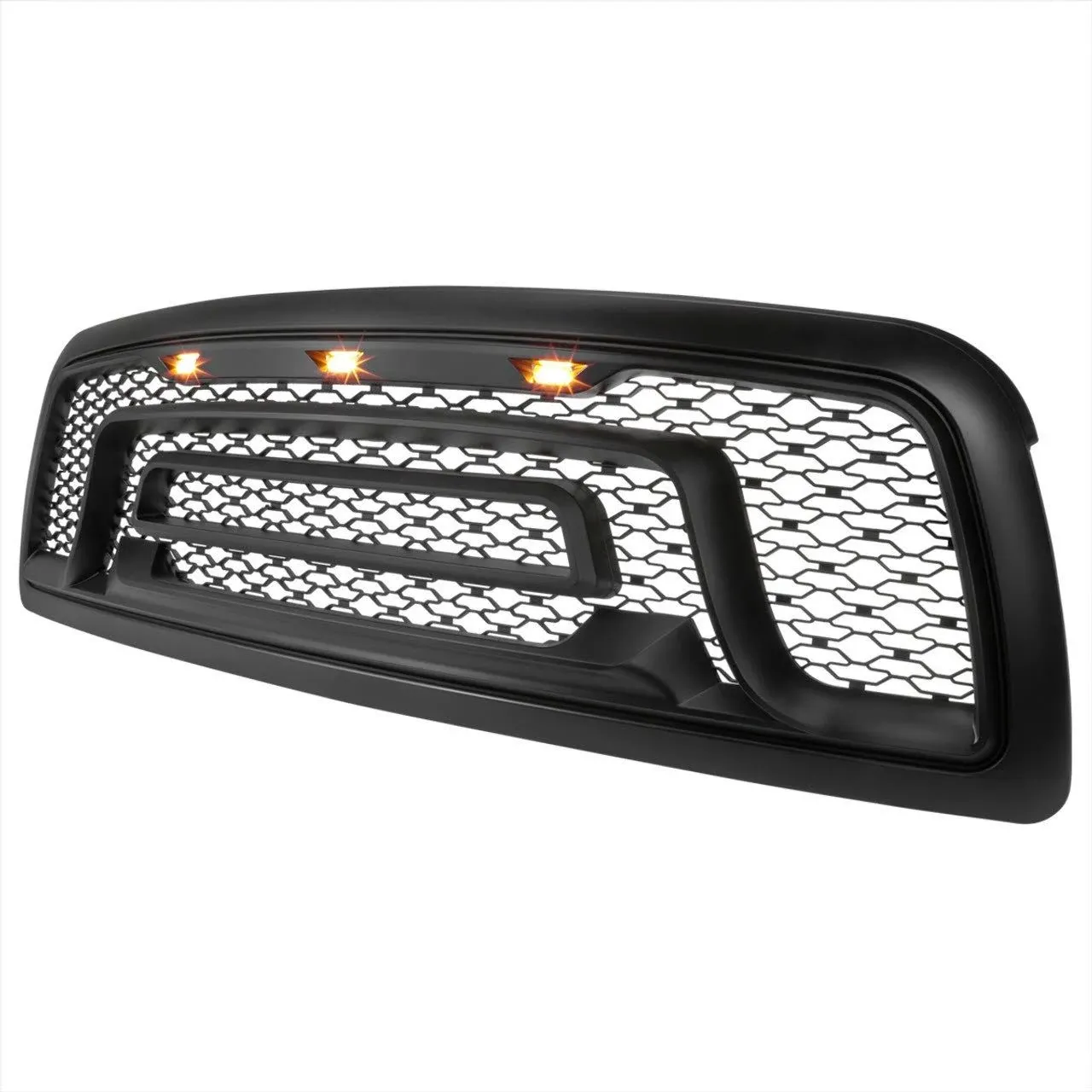 Spec-D® - 1-Pc Rebel Style Matte Black Front Main Hood Grille With Amber LED Lights