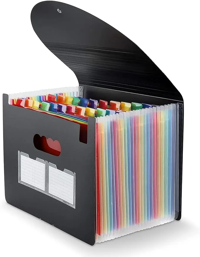 Expanding File Folder, 24 Pocket Accordion A4 Letter Size Portable Document Organizer with Colored Tabs, Expandable Bill Coupon Folder - Black