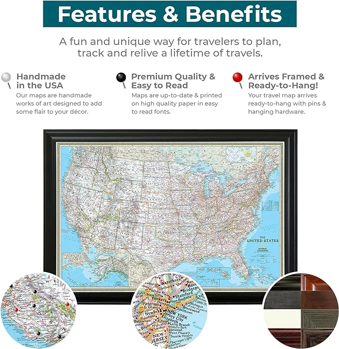 Push Pin Travel Maps - Classic US - Barnwood Gray Framed Pin Map for Tracking Your Travels - 27.5" x 39.5" - 8 Handcrafted Frame Options - Made in USA - Ideal for Any Traveler