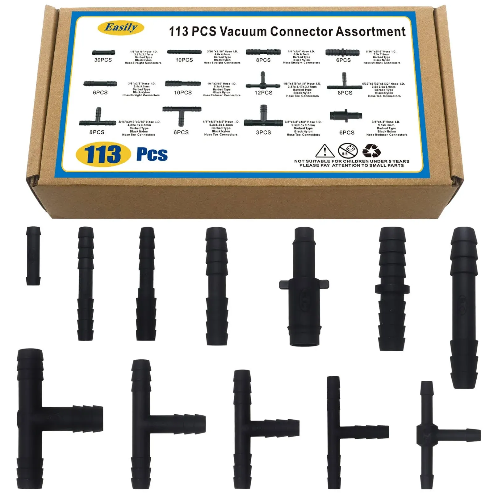 113 Pcs Vacuum Connector Assortment Kit Auto Vacuum Tee Tubing Hose Connector