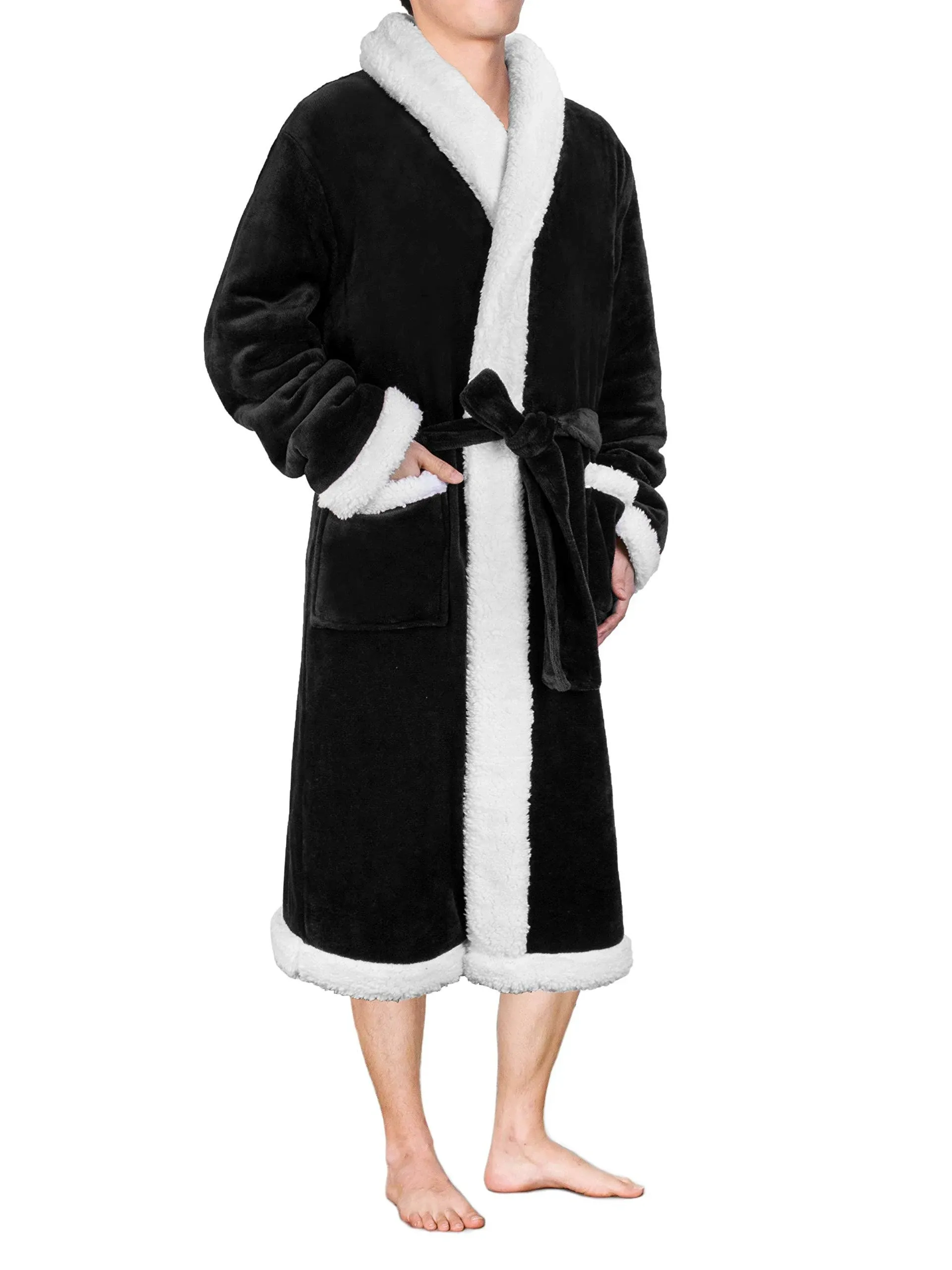 PAVILIA Mens Soft Robe, Plush Fluffy Fleece Bathrobe for Men, Long Sherpa Spa Robe with Shawl Collar (Two-Tone Black)