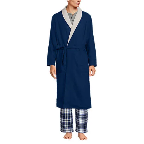 Lands' End Men's Sherpa Fleece Lined Flannel Robe