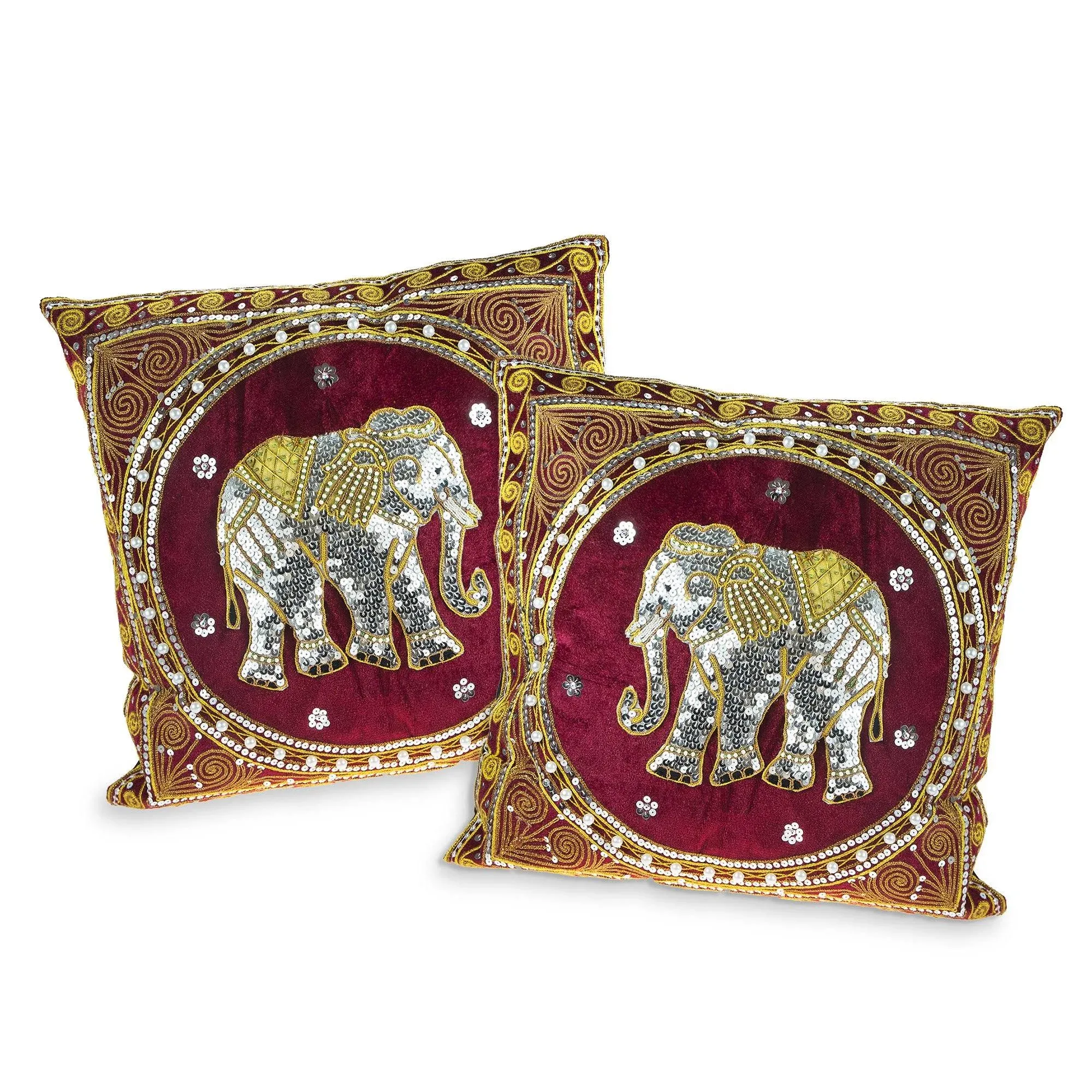 Elegant Thai Elephant Velvet and Pearls Set of 2 Square Pillow Covers - Red