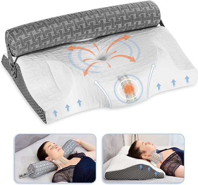 Elviros Cervical Memory Foam Pillow for Neck Pain Relief, Contour Orthopedic Roll Traction Pillows for Side Sleeping, 3 in 1 Ergonomic Adjustable Support Spine Bed Pillow for Back and Stomach Sleeper