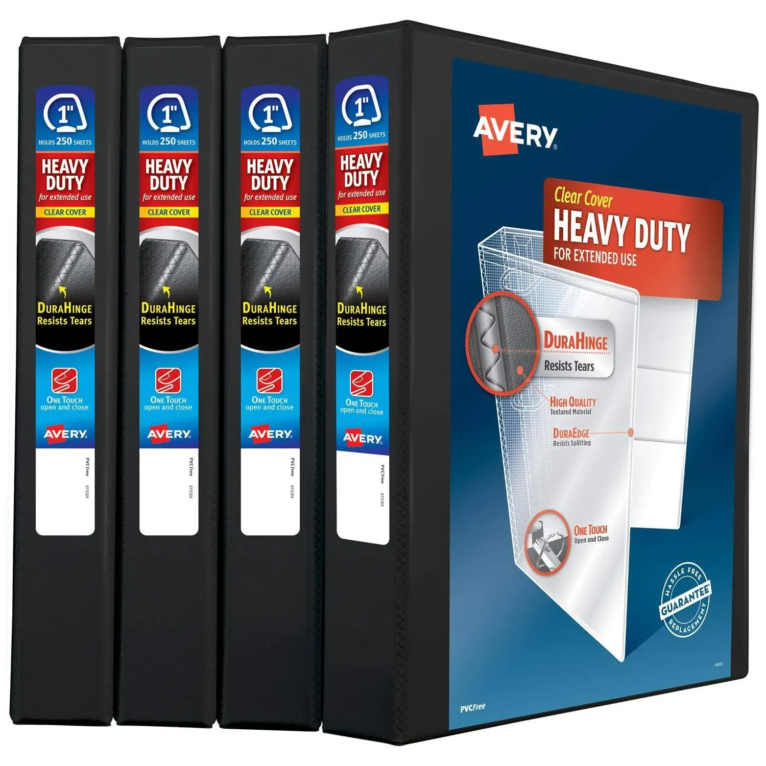 Avery Heavy-Duty View 3 Ring Binders, 1" One Touch Slant Rings, 4 Black Binders (79868)