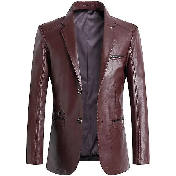 Mens Notched Lapel Button Down Business Lambskin Leather Jacket Blazer with ...