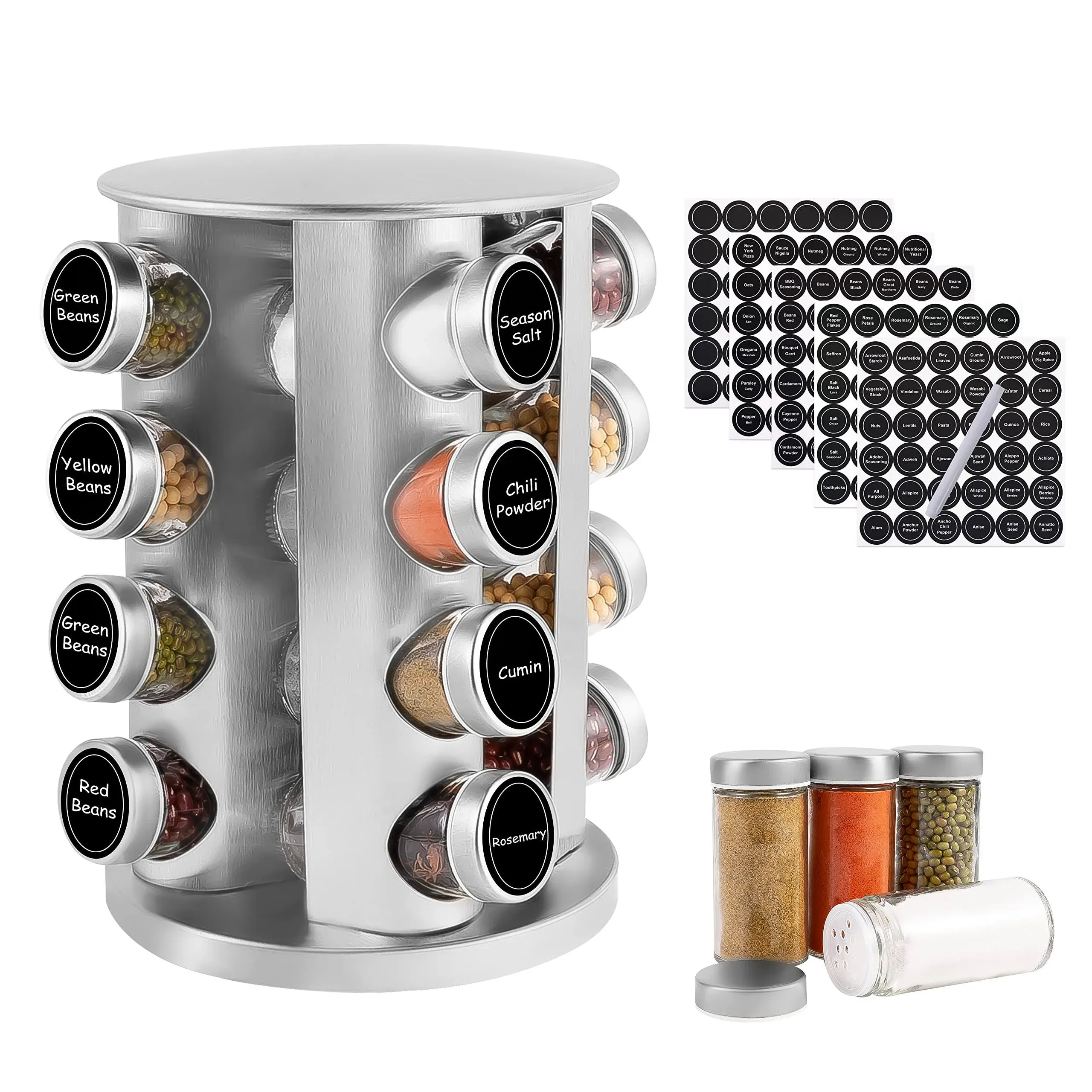 WAYDA Rotating Spice Rack with 16 Jars, Revolving Spice Rack Organizer for Cabinet, Seasoning Organizer Stainless Steel Kitchen Spice Tower with Labels for Countertop