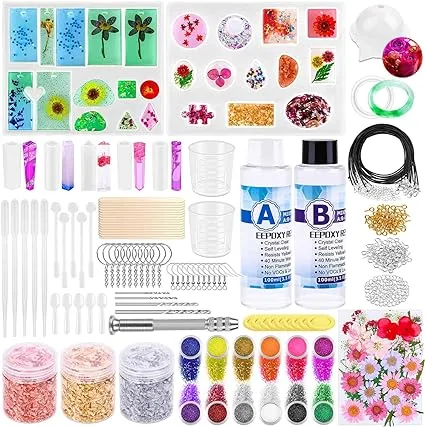 Veballensty 229Pcs Resin Kit for Beginners, Thrilez Resin Mold Kit with Resin Molds Silicone and Epoxy Resin Supplies Include Dried Flowers, Foil Flakes, Necklace Cord for DIY Jewelry Making