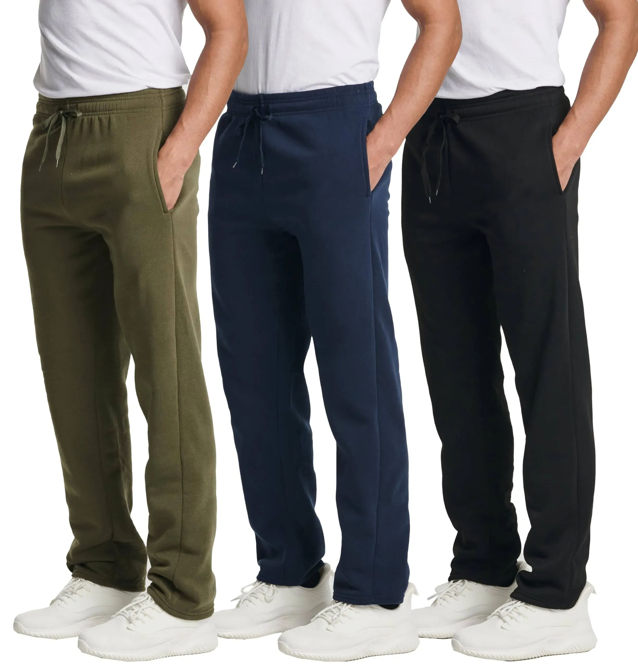 Real Essentials 3 Pack: Men's Tech Fleece Athletic Casual Open Bottom Sweatpants with Pockets (Available in Big & Tall)