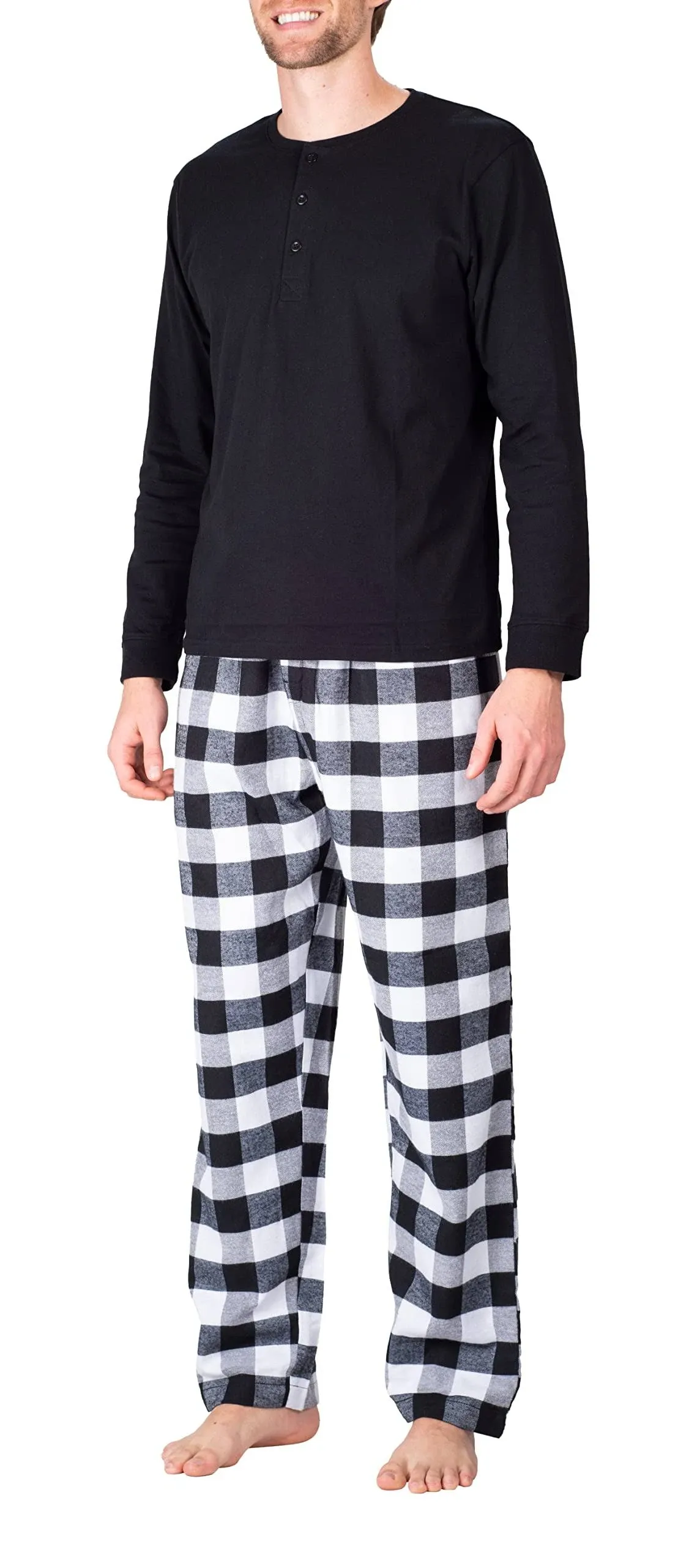 Men’s Pajama Set Pajamas For Men 2 Piece PJ Set with Cotton Flannel Men Pajama Pants and Long Sleeve Henley T-Shirt