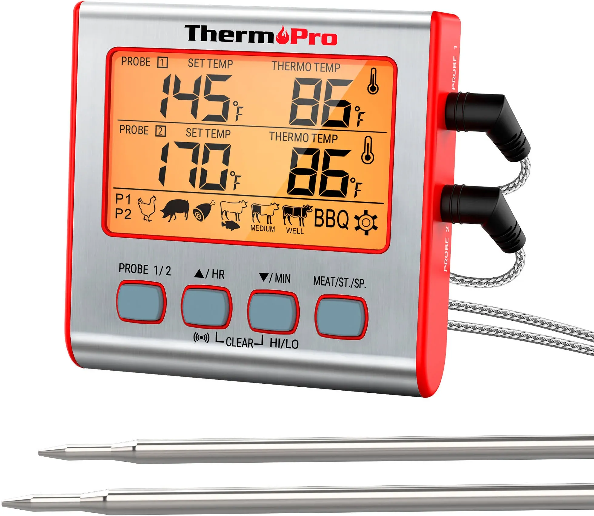 ThermoPro Digital Meat Thermometer with Dual Probes and Timer Mode Grill Smoker ...