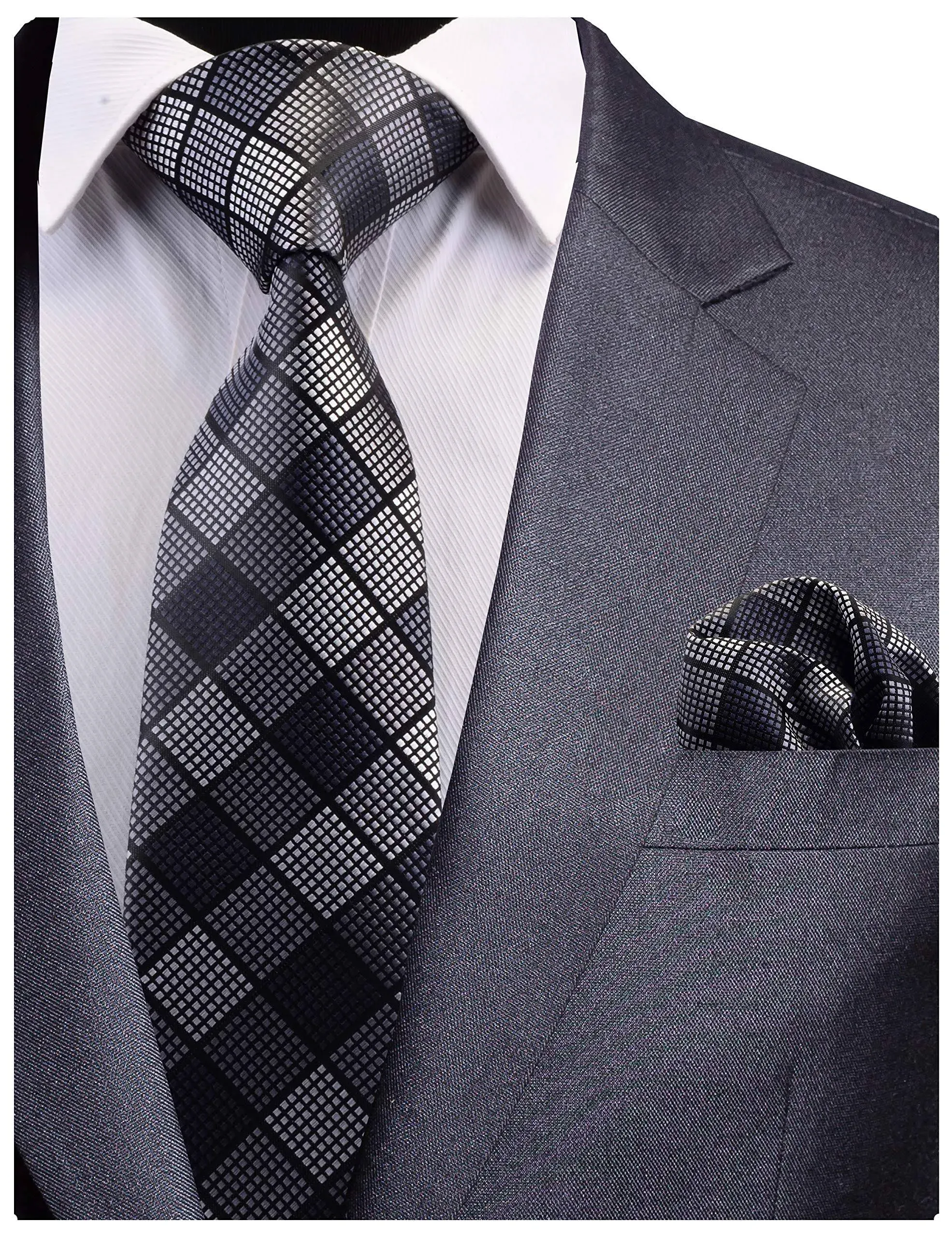 GUSLESON Mens Plaid Tie Wedding Necktie and Pocket Square Set