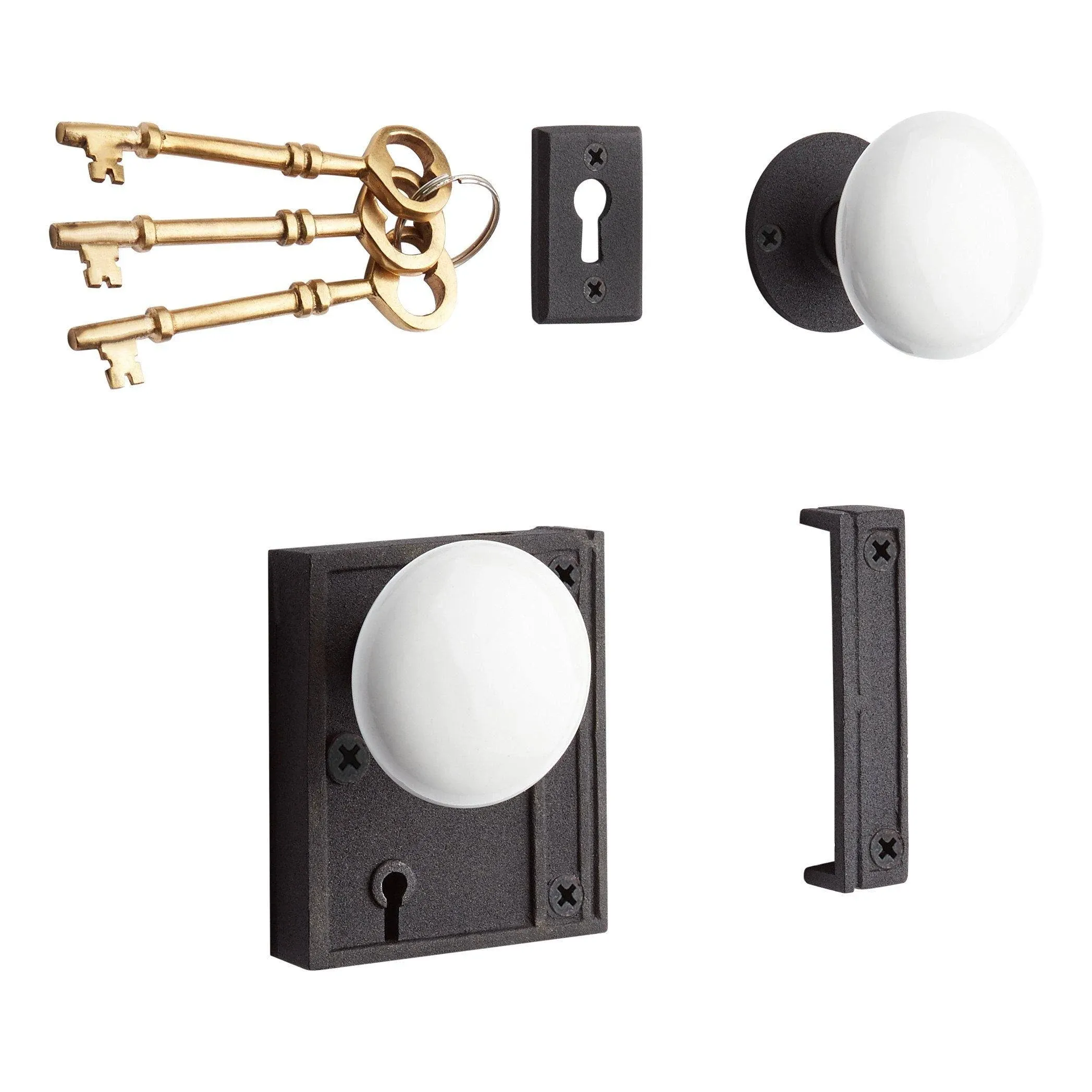 Signature Hardware 262717 Vertical Iron Rim Lock Set with Porcelain Knobs - Right Hand - Black Powder Coat/White