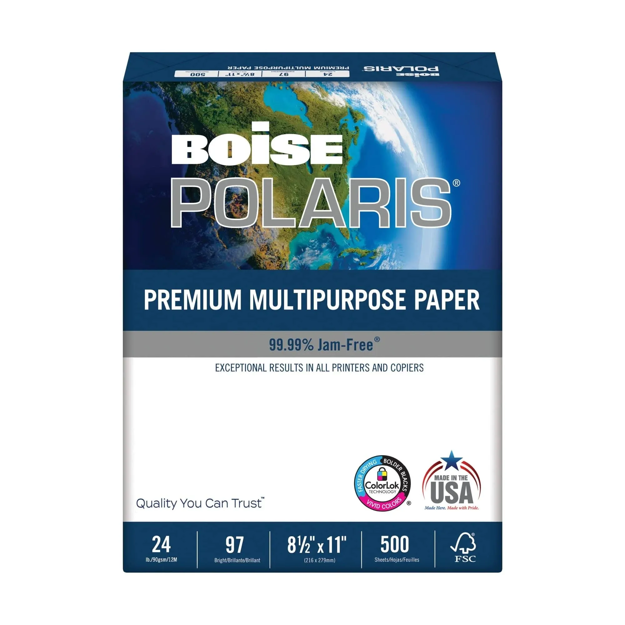 Boise Polaris Premium Multi-Use Paper, Letter Size (8-1/2 inch x 11 inch), 24 lb, FSC Certified, Ream of 500 Sheets, White